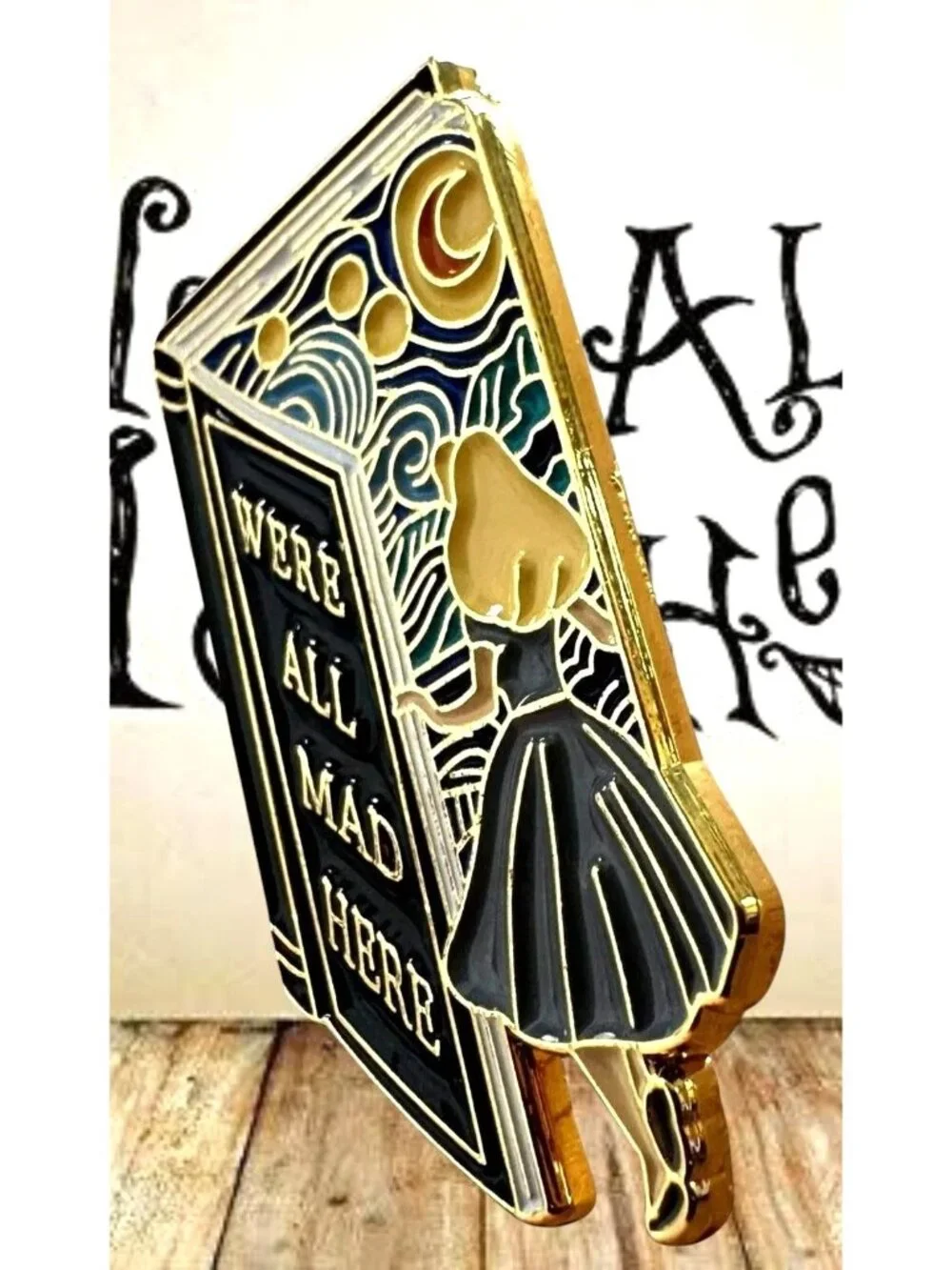 Alice in Wonderland Pin We’re All Mad Here Book Design Starry Night Rabbit Hole
